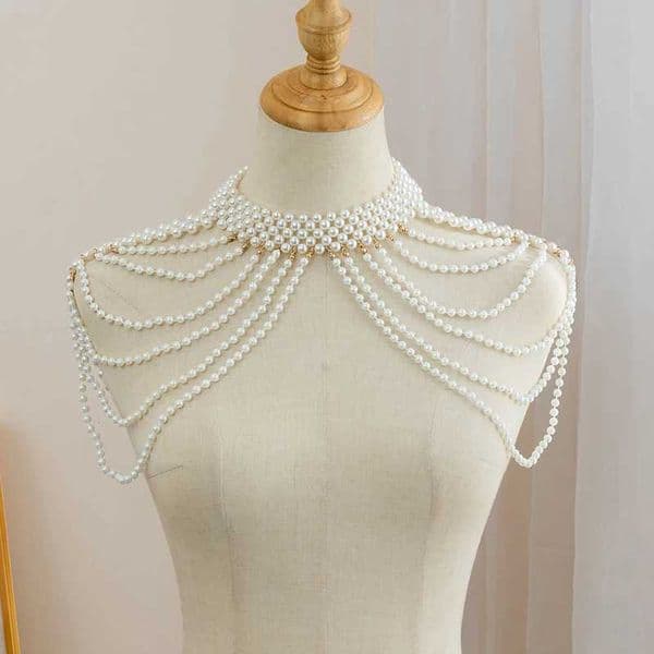 Hazem Story Multilayer Imitation Pearl Shoulder Chain Necklace for Women Wed Bride Goth Tassel Neck Rave Party Body Jewelry W250611