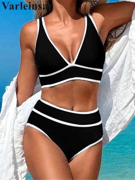 S - XL Sexy V Neck Printed High Waist Female Swimsuit Women Swimwear Two-pieces Bikini set Bather Bathing Suit Swim V6997