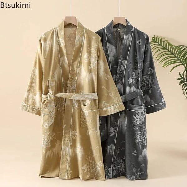 Couples Printed Cotton Loose Fitting Bathrobe Japanese Style Tie Up Kimono Sweat Steaming Pajamas Robes Men 250609