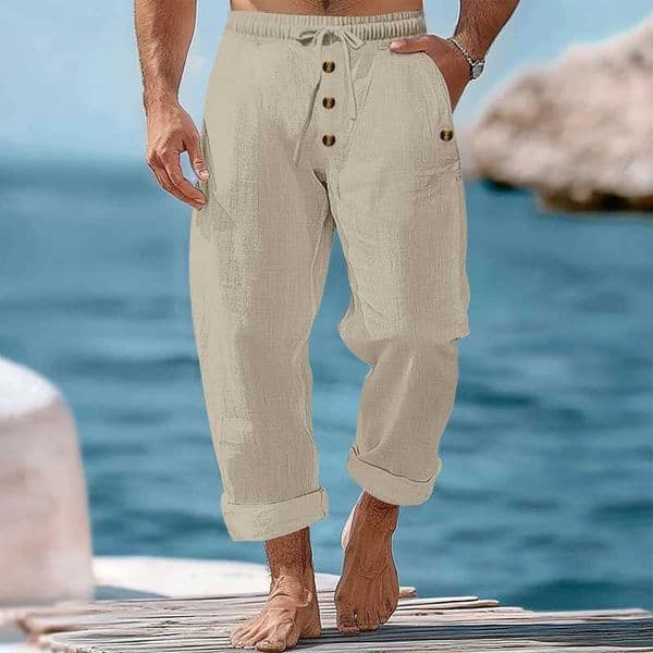 2024 Spring and Autumn New Beach Pants Solid Color Cotton Linen Loose Drawstring Button Fashion Casual Trousers Mens clothing XJ250611