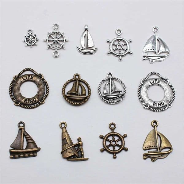 20pcs Life-Ring Ships Wheel Helm Rudder Sailboat Charms Tibetan Bronze Silver Color Pendants Antique DIY Handmade Craft XJ250611
