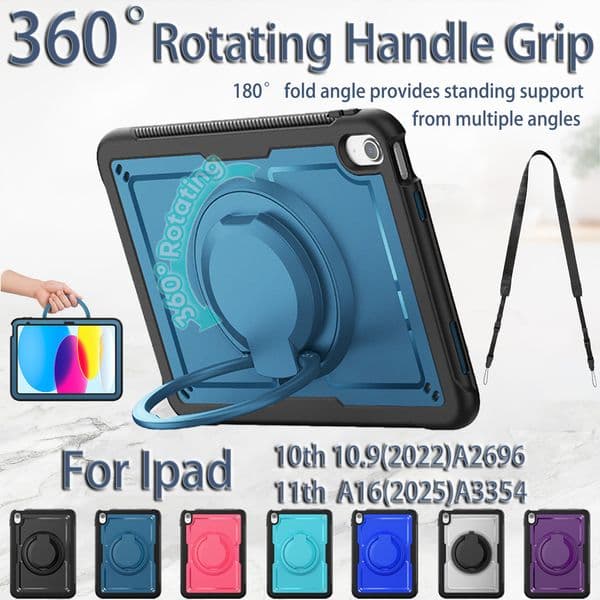 For iPad A16 Case 11th 10th Case 360 Rotating Handle Grip Folding Stand Tablet Cover Lightweight Armor TPU + PC Shockproof Cases with Screen PET Film + Shoulder Strap