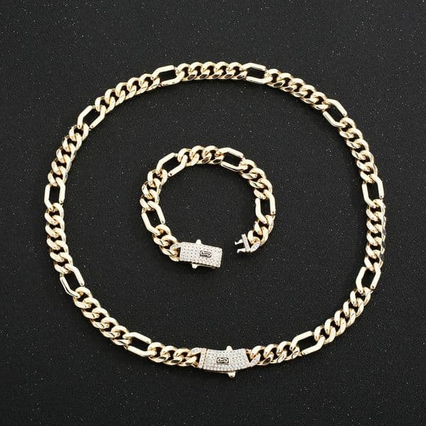Fashion Hip Hop Monaco Chain Made of 14k Gold Plated Copper Material Cuban Necklace and Bracelet Suitable for Men and Women 250611