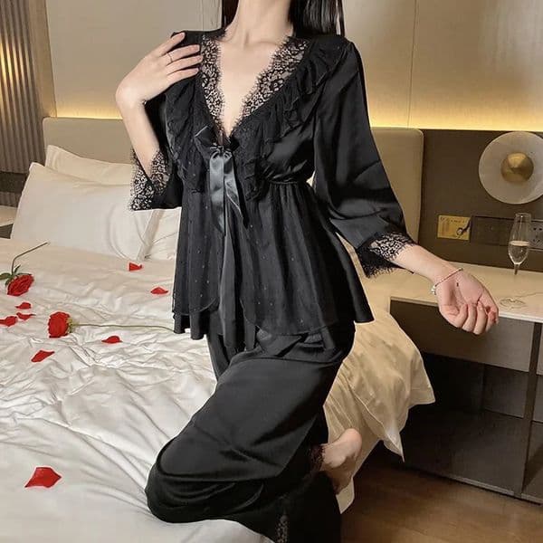 Womens Sexy Satin Pajama Set Solid VNeck Lace Trim Bow Decor Top And Pants Breathable Fabric For Adults Lingerie Sleepwear Pjs 250609BJ