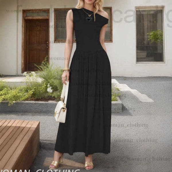 Basic & Casual Dresses Designer Women Asymmetric Shoulder Outer Wear Base Dress For Woman Fashion Elegant High-end Long Pleated Clothing KUCE