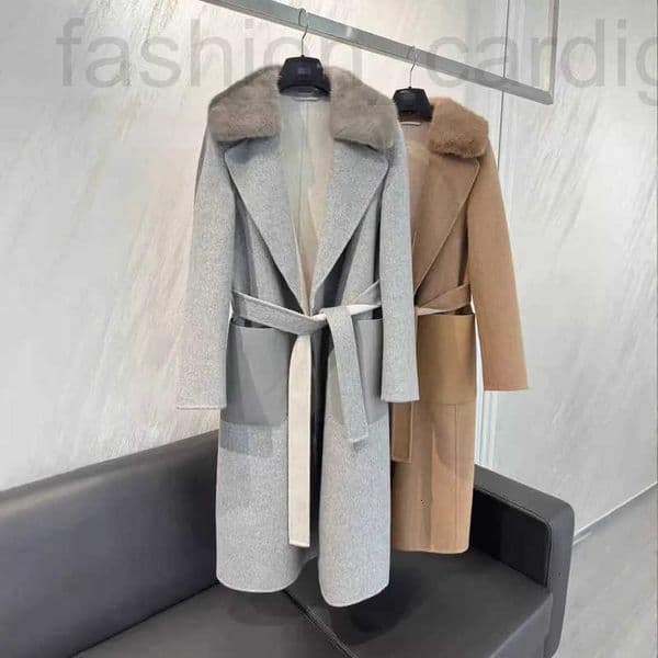 Women's Trench Coats Designer Fashion Belt Coat Autumn New Mink Collar Cashmere Coat With Embossed Leather Pockets And Lace Up Wool Jacket GZGP
