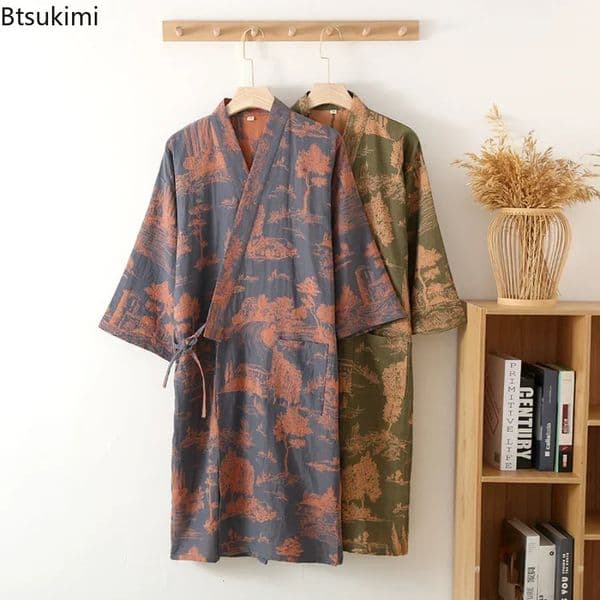 Casual Bathrobe for Men Sleepwear Nightdress Robes Male Loose Skin Friendly Pajamas Shirts Mens Kimono Robe 250609