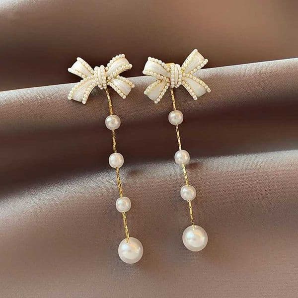Delicate Sweet Flower Bow Pearl Drop Earrings for Women Elegant Bowknot Long Tassel Earrings Girls Party Wedding Jewelry Gift XJ250612