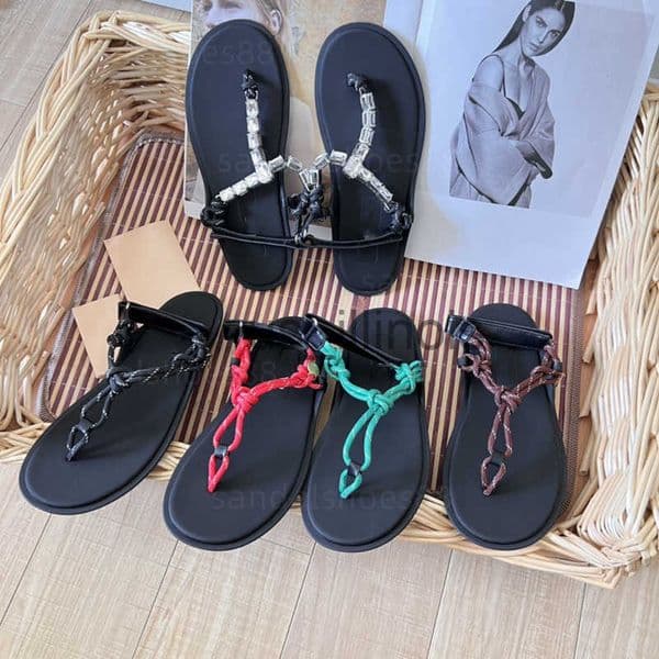 Thong Sandals for Women Designers Reviere Cord Leather sandals Thongs Sandles Flip Flops Flat Summer Sandal Blk Crystal Red Comfy Flip Flop Sandels Shoes J250613