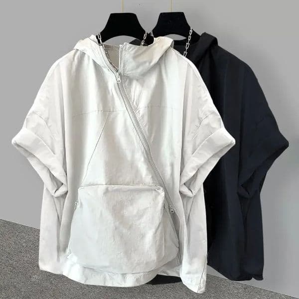 Trendy Korean Style Mens Half Sleeve T-shirt Zippered Hoodie Loose Fit Long Sleeve Work Shirt Summer Casual Wear 250613