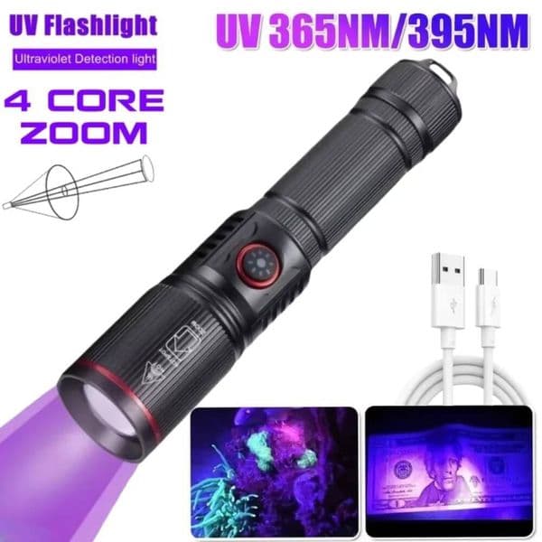 20W 365nm/395nm UV Purple Flashlight Type C Charging Torch Cat Dog Pets Urine Tinea Marker Money Ore Detection Light