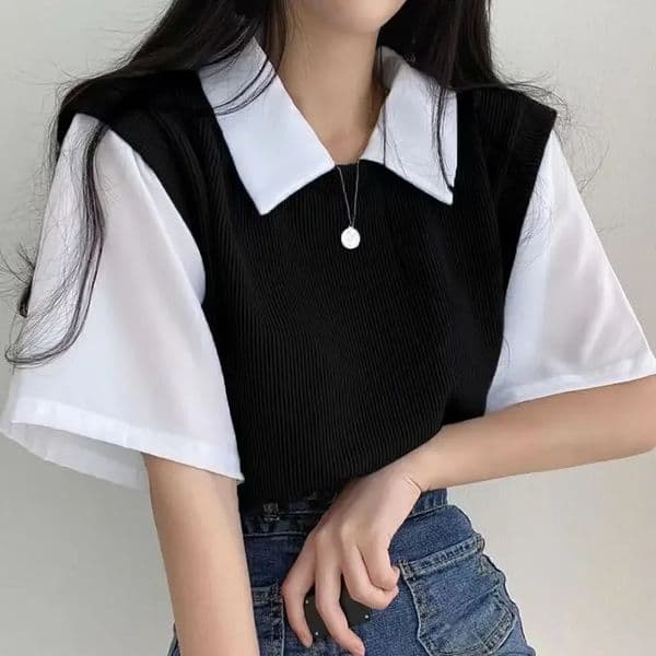 Summer Academy Style Color Blocking Polo Collar Top Fake Two-piece Short Sleeve T-shirt Women Lazy Loose Casual Versatile Blouse250609BJ