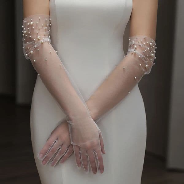 Bridal Gloves Heavy Handmade Beading Elegant Long Elegant Slim Wedding Dinner Party Tulle Gloves Wedding Accessories 250610