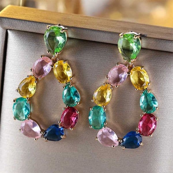 Multicolor Crystal Water Drop Stone Dangle Earrings For Women Vintage Gold Color Rainbow Zircon Drop Earring Wedding Jewelry XJ250612