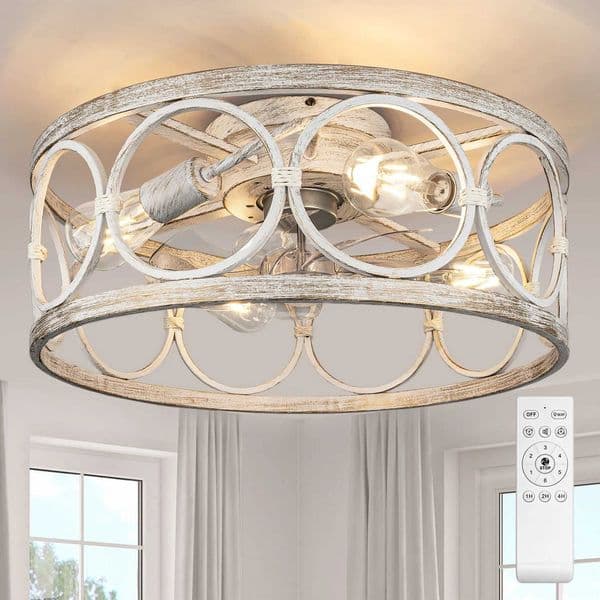Farmhouse Fan 20 Flush Mount White Caged Ceiling Fan with Lights Remote Control Kit Bladeless/Low Profile/6-speed W250613