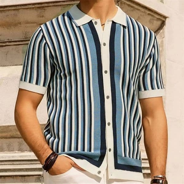 Summer Mens y Knitted Polo Shirts Casual Vintage Button Lapel Striped Splicing Color Short Sleeve Leisure Knitwear w250520BJ