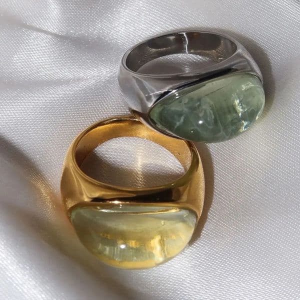 Uworld Unique Natural Stone Green Stainless Steel France Metal Golden Ring Waterproof Charm Trendy Jewelry Women 250610