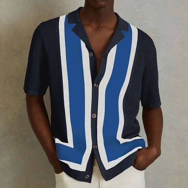 Men Hollow Out Striped Tops Casual Suit Collar Knit Polo Shirt Fashion Short Sleeve T-shirt Leisure Summer Streetwear 250614