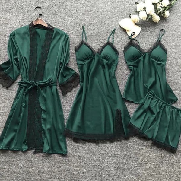 4 Pieces Womens Sexy Lace Pajamas Fashion VNeck Gown Comfort With Chest Pads Nightdress Casual Loungewear 250611BJ