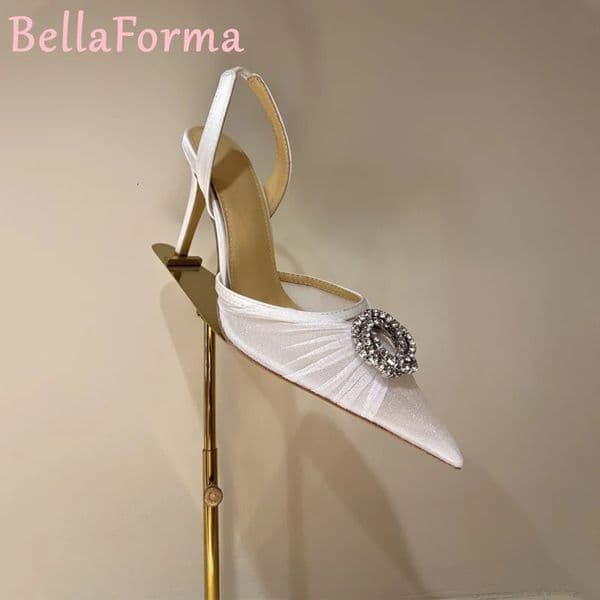 Womens Pleated Lace Translucent Wedding Shoes Silk Crystal Elegant Sexy Dress Banquet Stiletto High Heels Slingback Sandals 250610
