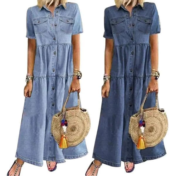 Retro Women Dresses Short Sleeve Turn Down Collar Pockets Button Long Loose Denim Dress Summer Long Dress 250609