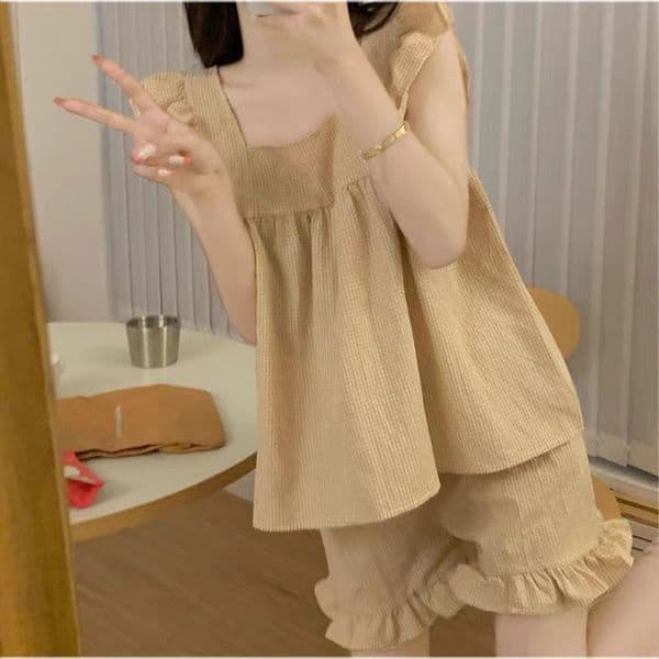 2026 New Summer Japanese style Bubble Cotton Women s Pajamas with Tank Top and Shorts Designer Girls Lace Bordered Solid Color Home Clothing Set