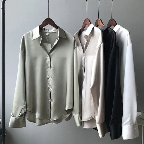 Women Shirt Turn-down Collar Solid Color Satin Blouses Fashion Autumn Office Lady Elegant Tops Spring Long Sleeve Clothing 250614