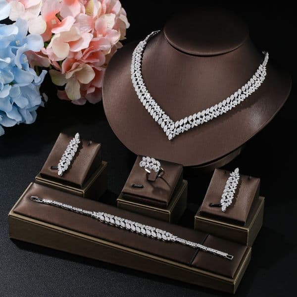 HIBRIDE Fashion Leaf n 4-piece CZ female bride wedding jewelry set earrings necklace set parrure bijoux female Mary N-119 241106