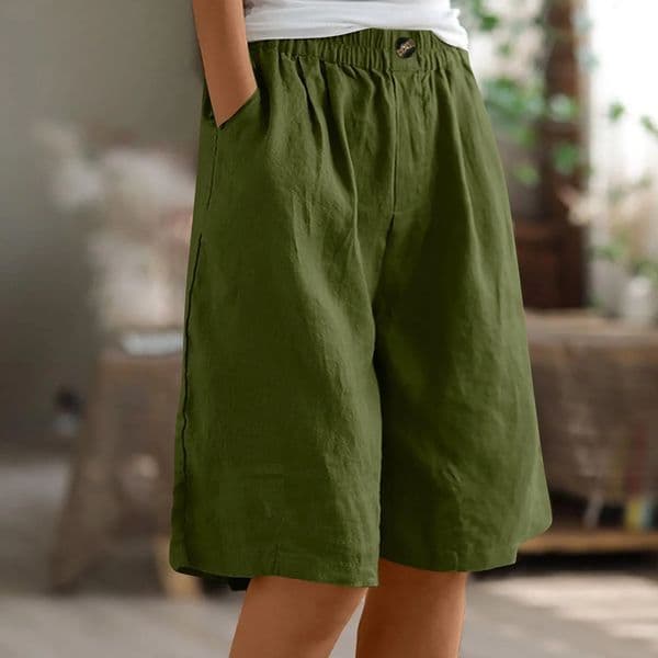Womens Fashion Solid Color Pants Pocket Button Up Capris Loose Elastic Waist Cotton Linen Shorts 250614