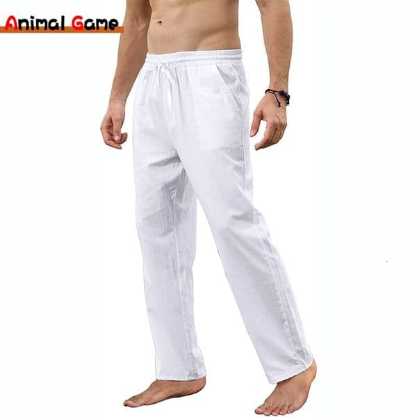 Mens Cotton Linen Pants Loose Autum Casual Pants Male Breathable Solid Color Drawstring Jogger Yoga Long Trousers 250614BJ