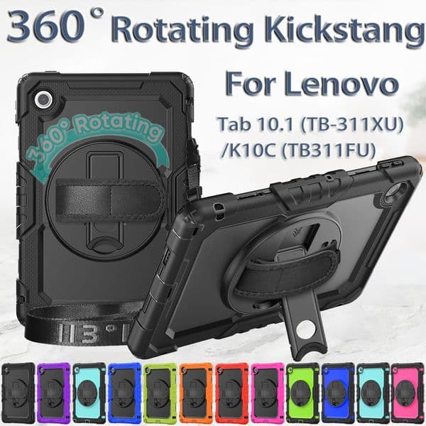 For Lenovo Tablet Cases Tab 10.1" 2025 TB-311XU K10C TB311FU 360 Rotating Hand Strap Stand Cover Silicone+PC Shockproof Kids Safe Case with Pencil Holder + Shoulder Strap