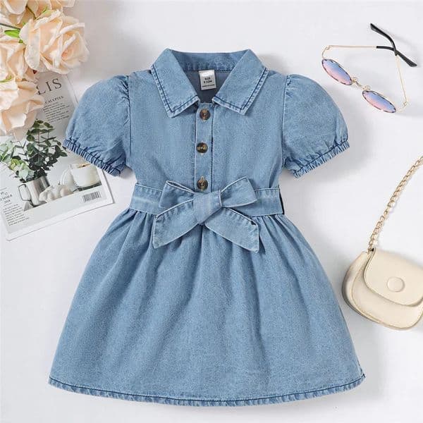 Summer Toddler Baby Girl Fashion Dress Bubble Sleeve Lapel Jeans Casual Dresses Birthday Party Costumes for Kid Girls 1-3 Years 250617