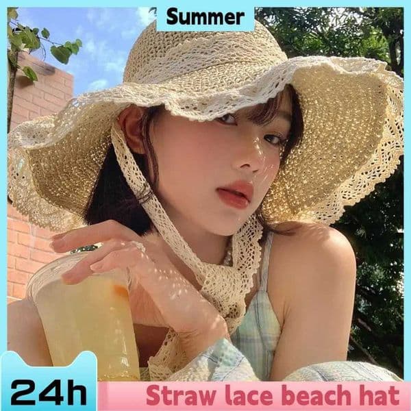 Sweet Lace Sun Hat Women Summer Hollow Straw Hat Outdoor Travel Sun Cap Beach Sunscreen Hat Sweet Fishermans Cap XJ250617
