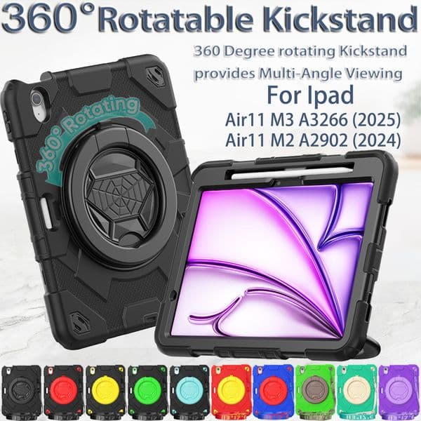 360° Rotating Handle Stand Cover For iPad Air11 M3 M2 Case Pro11 Air 5th/4th Case Heavy Duty Rugged Armor Shockproof Case with Pencil Holder + Shoulder Strap