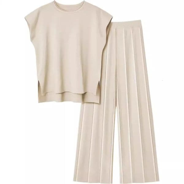 European And American Style Knitted Fashion Summer Casual Suit Elegant Sleeveless Vest Sweater Wide-leg Pants Two-piece Set 250616