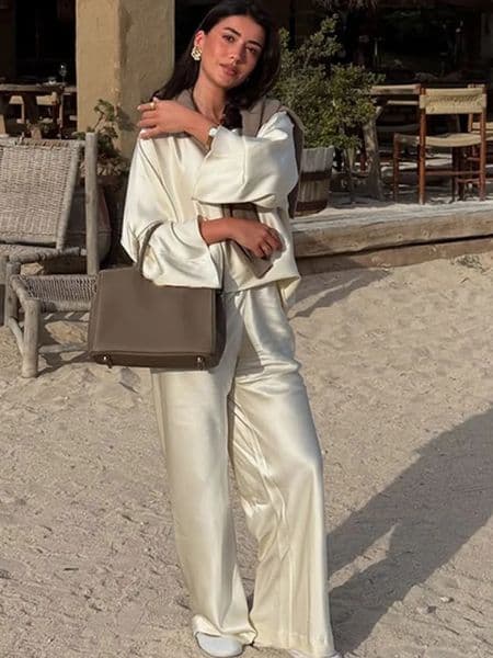 White Satin Long Pants Suit Women Elegant Full Sleeve Round Neck High Waist Loose 2-piece Set 2025 Summer Fashion Lady Wear 250616