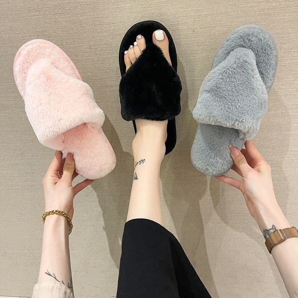 free Cotton slippers women Pinch your toes hairy autumn winter fashion home opening for outdoor wear Warm flat bottom plus size