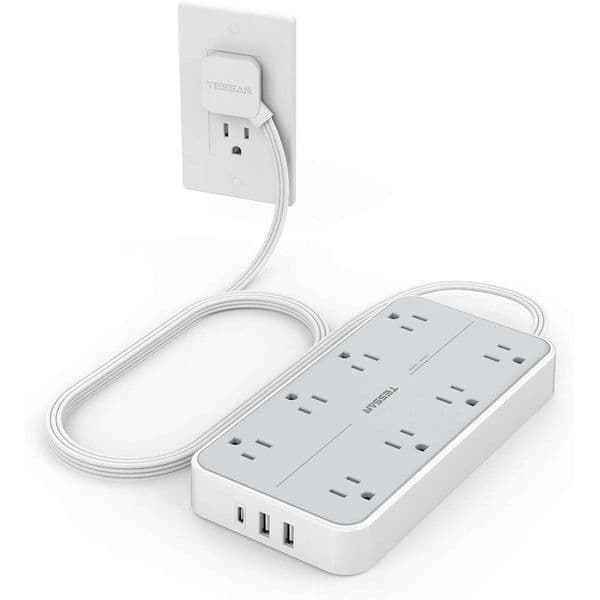 Power Strip Surge Protector, TESSAN Flat Plug Extension Cord with 8 Outlets 3 Charger(1 USB C), 1080 Joules Protection, Wall Mountable Charging Station for Home