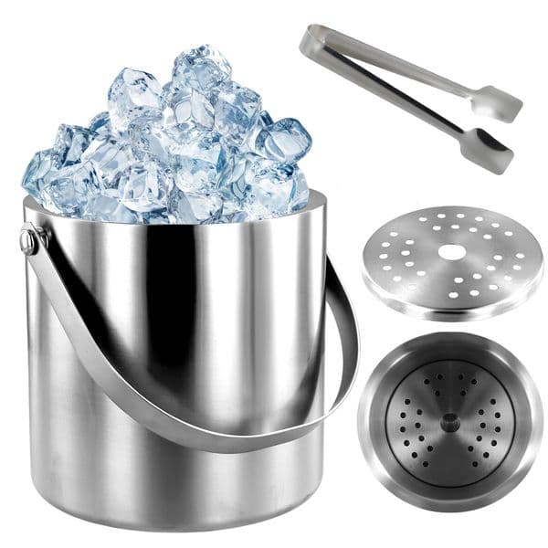 Insulated Ice Bucket with Silicone Lid Tongs Strainer Double Wall Stainless Steel Ice Bucket for Parties and Bar Ice Bucket 250613