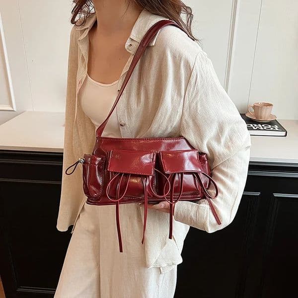 Y2K Korean Fashion Underarm Shoulder Bag Red Silver Female Bag Pu Leather Armpit Bag Chain Handbag Tote Clutch Bag High Capacity 250616BJ