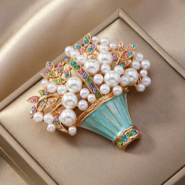 Wuli baby Luxury Pearl Pot Flowers Brooches For Women Unisex Charming Beautiful Flower Party Office Brooch Pins Gifts Z250619
