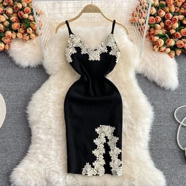 Sexy Backless Lace Patchwork Knitted Split Summer Dress Women Black Mini Party Dress Bodycon Sheath night Club Outfits 250617