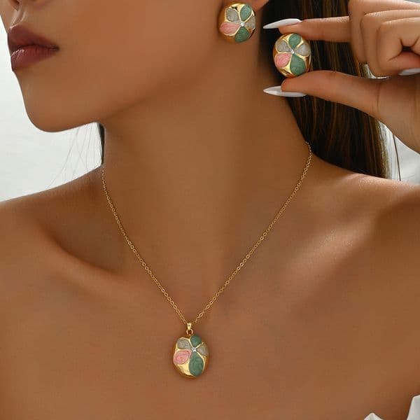 New Style Women's Necklace And Earring Set Versatile Oil-Pished Craft Design Corful Clarbone Chain