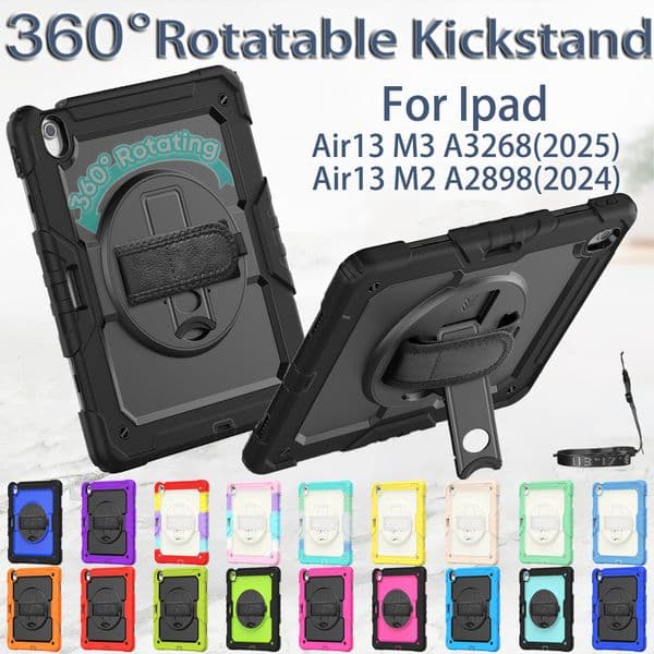 360 Rotate Hand Strap Case For iPad Pro13 M4 Air13 M3/M2 13" Case Hybrid Shockproof Kids Safe Tablet Cover Cases with Screen Protector Shoulder Strap Pencil Holder