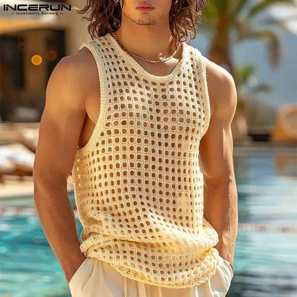 INCERUN Tops American Style Fashion Men Vacation Style Hollow Mesh Vests Sexy Casual Summer Male Sleeveless Tank Tops S-5XL 250619