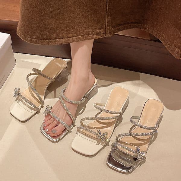 Ddmysports French Chunky Slippers For Women Summer Outdoor New Fairy Style Bowknot Rhinestone Elegant High Heel Crystal Sandals Outdoor Shoes