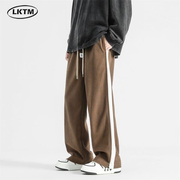 LKTM Mens Clothing WXW Side Stripe Corduroy Casual Pants Men American Style Loose Trendy Brand Elastic Waist Drawstring Straight Pants 240509