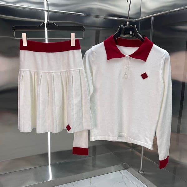 Preppy Style Skirt Sets Women Contrast Color Polo Shirt Pleated Skirt Outfits Casual Sport Skirt Sets