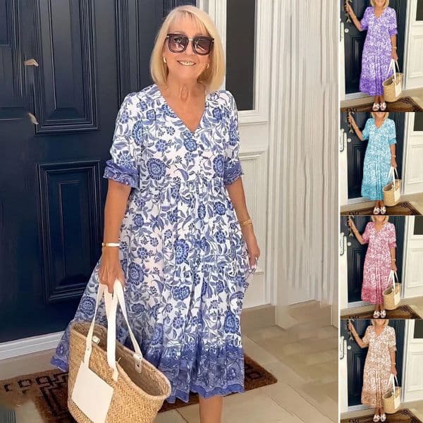 Designer Plus Size Dress2025 Summer Amazon Foreign Trade Elegant Commuter Long Floral Tie-dye Print Plus Size Loose Versatile Dress For Women