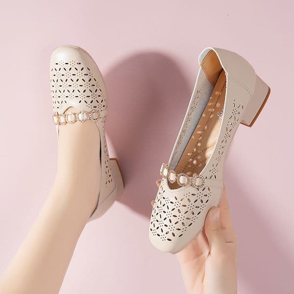 Ddmysports Openwork Shallow Mouth Single For Women New Spring Summer Thick Heel Round Toe Breathable Hole Shoes Soft Sole Comfortable Sandals Outdoor Shoes